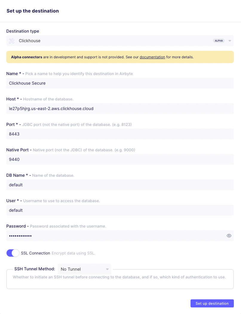ClickHouse destination creation in Airbyte - Zoomed