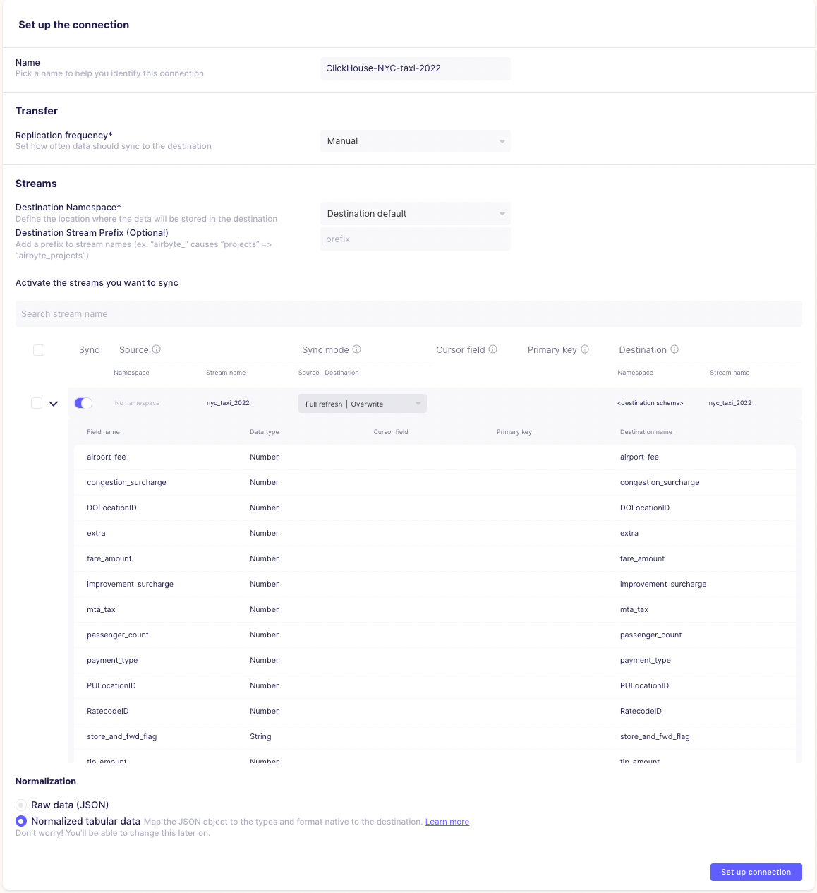 Connection creation in Airbyte - Zoomed